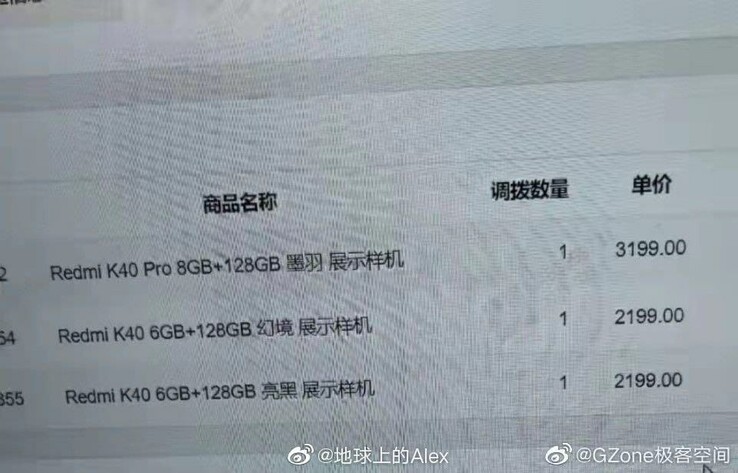 Dieses Foto zeigt die vermeintlichen Preise des Redmi K40 und K40 Pro. (Bild: Xiaomi & MIUI News)