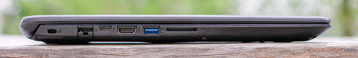 Linke Seite: Kensington-Lock, Ethernet-Port, USB-Typ-C (3.0 Gen 1), HDMI, USB-Typ-A (3.0), SD-Cardreader