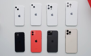Die Apple iPhone 13-Serie (oben) als Dummies im Vergleich mit der iPhone 12-Familie (unten)
