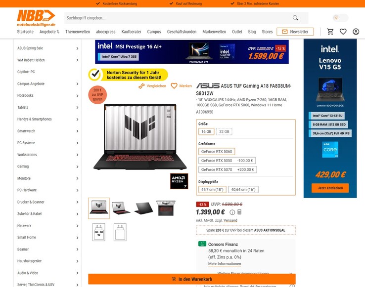 Asus TUF Gaming A18 FA808UM-S8012W für 1.399 Euro.