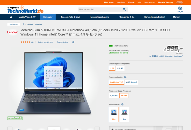Lenovo IdeaPad Slim 5 16IRH10 83HS00BLGE für 995 Euro.
