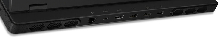 Rückseite: Gigabit-Ethernet, USB 3.2 Gen 2 (USB-C; Power Delivery, Displayport), HDMI, 2x USB 3.2 Gen 1 (USB-A), Netzanschluss