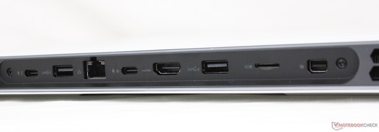 Hinten: USB-C mit Thunderbolt 4 (Power Delivery & DisplayPort), USB-A 3.2 Gen. 1, RJ-45 2.5 GBit/s, USB-C 3.2 Gen. 2 (Power Delivery + DisplayPort), HDMI 2.1, microSD-Leser, Mini-DisplayPort 1.4