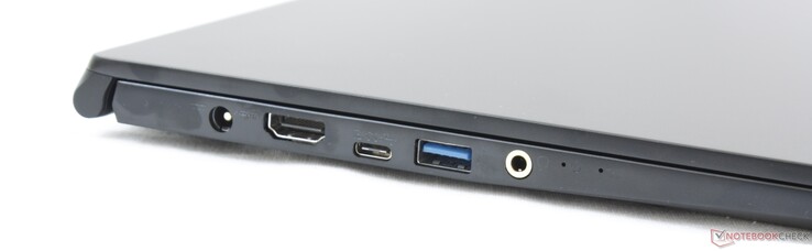 Links: Netzanschluss, HDMI 1.4, USB Typ-C USB 3.2 Gen. 1 (+ DP), USB Typ-A USB 3.2 Gen. 1, kombinierter 3,5-mm-Audioanschluss