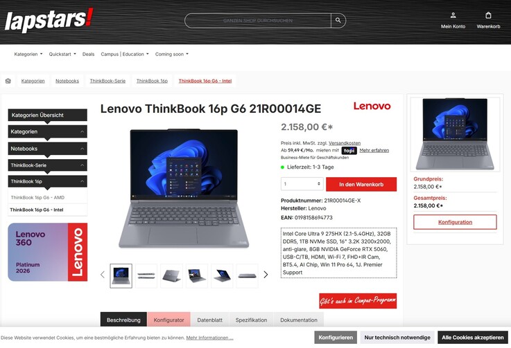 Lenovo ThinkBook 16p Gen 6 IAX (21R00014GE) für 2.158 Euro.