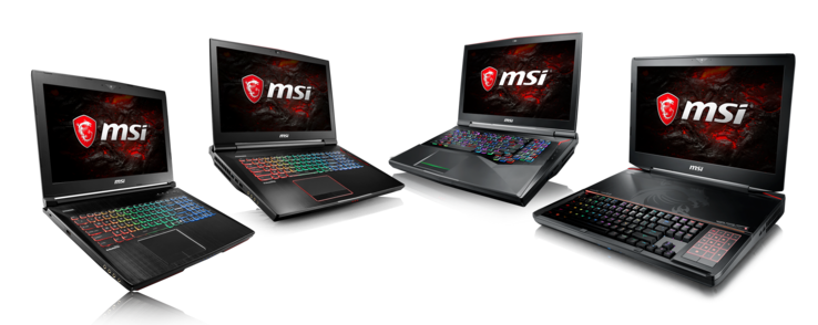 Die Gaming-Notebooks der GT-Serie von MSI bieten vier Speichersockel für bis zu 64 GByte RAM. Im Bild das GT62VR Dominator, GT73VR Titan, GT75VR Titan und GT83VR Titan (von links nach rechts).