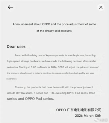 Oppo kündigt eine Preiserhöhung für mehrere Smartphones in China an.