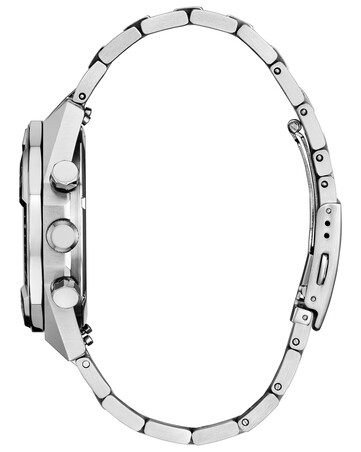 Seitenansicht der Citizen Nighthawk CA0890-54H mit Edelstahlgehäuse, Krone, Chronographendrückern und Edelstahlarmband.