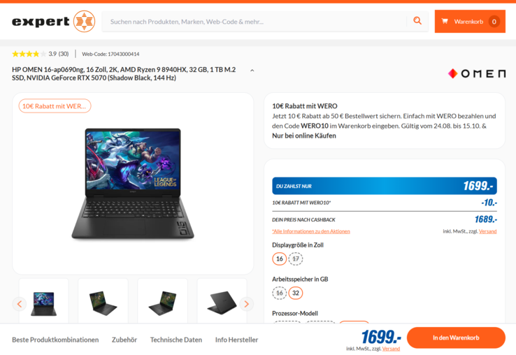 HP Omen 16-ap0690ng für 1.699 Euro.