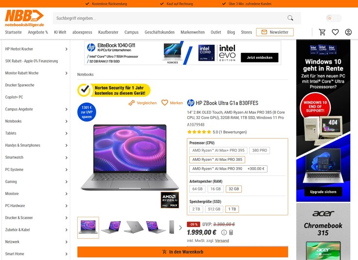 HP ZBook Ultra G1a B30FFES für 1.999 Euro. Dank HP CashBack kann der Preis um 100 Euro gesenkt werden.