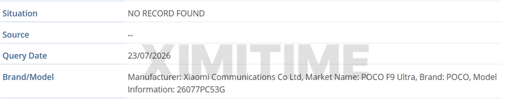 GSMA IMEI Datenbank-Eintrag zum Poco F9 Ultra