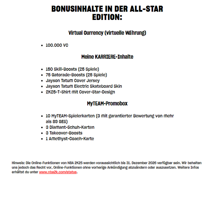 Ein Screenshot aus dem offiziellen NBK 2K-Shop. Ganz unten wird darauf verwiesen, dass EA sicht das Recht vorbehält, Online-Funktionen ohne vorherige Ankündigung abzuändern oder auszusetzen.