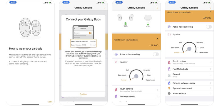 Die Samsung Galaxy Buds Companion App verrät bereits einige Details zu den bohnenförmigen In-Ears. (Bild: Samsung, via The Verge)