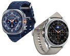 Galaxy Watch Ultra in Titanium Blue (oben) und Galaxy Watch 8 Classic in Schwarz mit Taupe-Band (bearbeitet).