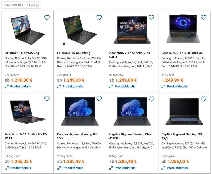 Die preiswertesten RTX-5070-Laptops (Bildquelle: Screenshot idealo)