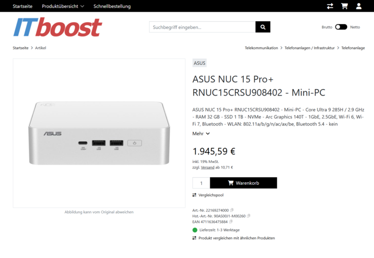 Asus NUC 15 Pro+ (90AS00J1-M00260) für 1.945,59 Euro.