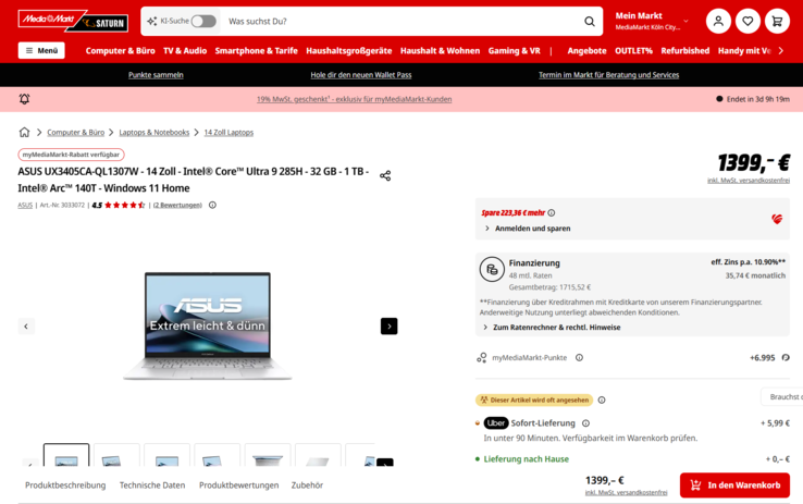 Asus ZenBook 14 UX3405CA-QL1307W für 1.175,64 Euro.