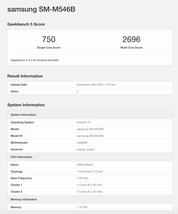 Das Samsung Galaxy M54 5G ist bei Geekbench aufgetaucht (Bild: Screenshot, Geekbench)