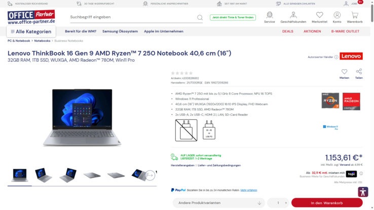 Lenovo ThinkBook 16 G9 AHP 21UT000RGE für 1.153,61 Euro.