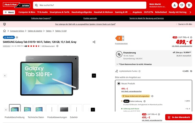 Samsung Galaxy Tab S10 FE+ (SM-X620NZAR) für 499 Euro.