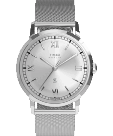 Timex x Todd Snyder Marlin Mesh-Damenuhr mit silbernem Zifferblatt im Sunburst-Design und Milanaise-Armband.