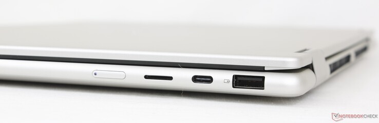 Rechts: Einschalttaste, MicroSD-Leser, USB-C (10 Gbps) mit DisplayPort 1.4a + Power Delivery, USB-A (5 Gbps)