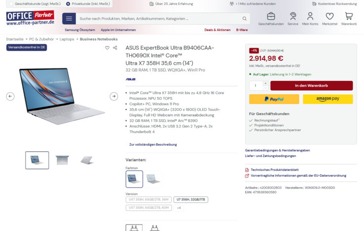 Asus ExpertBook Ultra B9406CAA-TH0690X für 2.914,98 Euro.