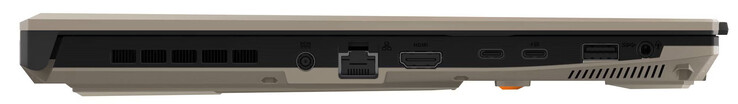 Linke Seite: Netzanschluss, Gigabit-Ethernet, HDMI, USB 4 (USB-C; Displayport), USB 3.2 Gen 2 (USB-C; Displayport, Power Delivery), USB 3.2 Gen 1 (USB-A), Audiokombo
