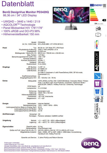 BenQ PD3420Q: Ultrawide-Monitor der DesignVue PD-Serie mit 34 Zoll und 3.440 x 1.440 Pixeln.