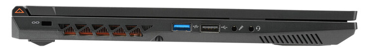 Linke Seite: Steckplatz für ein Kabelschloss, USB 3.2 Gen 1 (USB-A), USB 2.0 (USB-A), Mic-In, Audiokombo