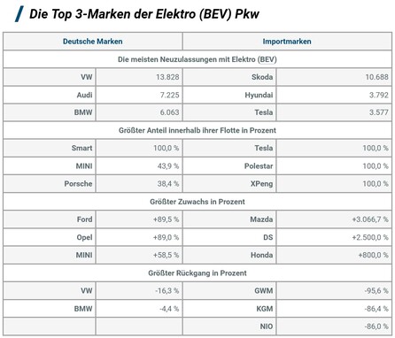 KBA Neuzulassungen Top 3 Marken der Elektro BEV Pkw.