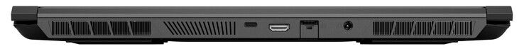 Rückseite: USB 3.2 Gen 2 (Typ C; Displayport 1.4, G-Sync), HDMI 2.1 (mit HDCP 2.3), Gigabit-Ethernet, Netzanschluss