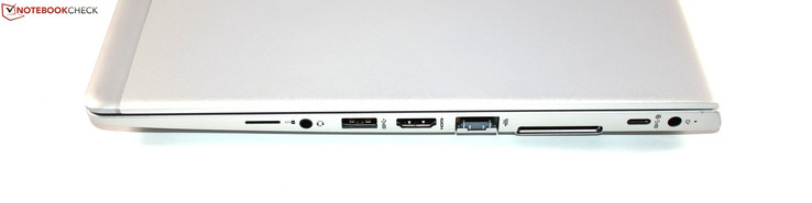 Rechte Seite: SIM-Kartenslot, kombinierter Audioanschluss, USB 3.0 Typ A, HDMI, Gigabit-LAN, Dockingport, USB-Typ-C, Netzanschluss