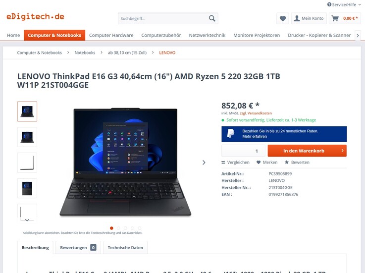 Lenovo ThinkPad E16 G3 für 852,08 Euro.