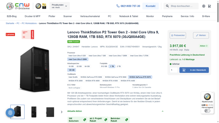 Lenovo ThinkStation P2 Tower Gen 2 30JQ00A4GE für 3.917 Euro.