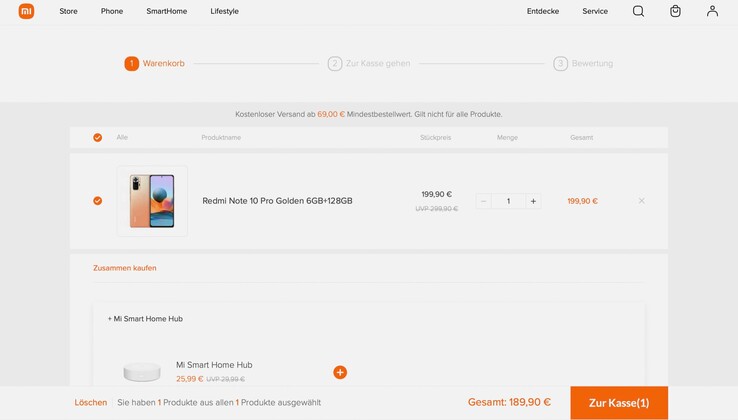 Im Warenkorb wird der Preis automatisch um 10 Euro reduziert, der Versand ist kostenlos. (Bild: Xiaomi)