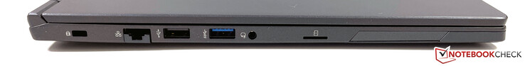 Links: Kensington Lock, Ethernet, USB-A 2.0, USB-A 3.2 (Gen.1), 3,5-mm-Audio, microSD-Leser