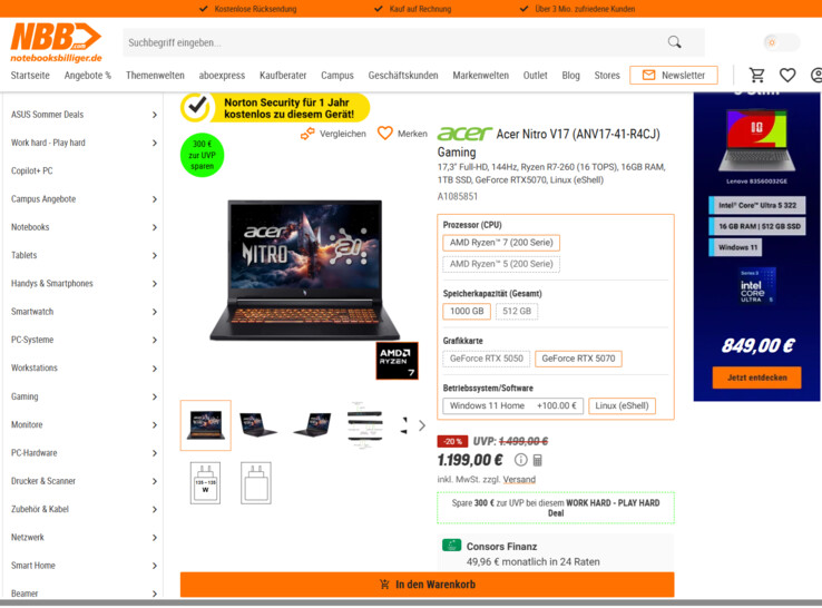 Acer Nitro V 17 AI ANV17-41-R4CJ für 1.199 Euro.