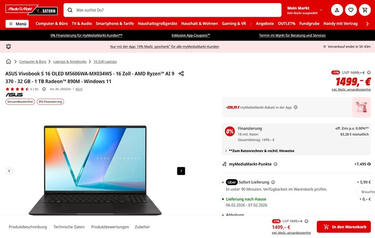 Das Asus VivoBook S16 M5606WA-MX034WS wäre dank einer Rabattaktion für 1.259,67 Euro zu haben.
