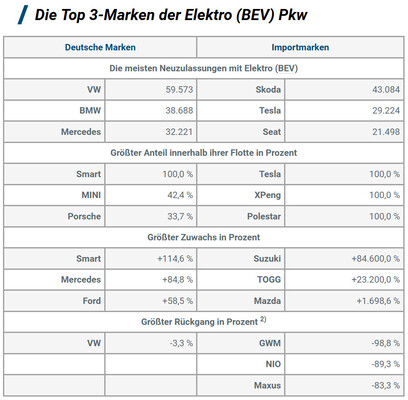 KBA: Die Top 3-Marken der Elektro (BEV) Pkw.