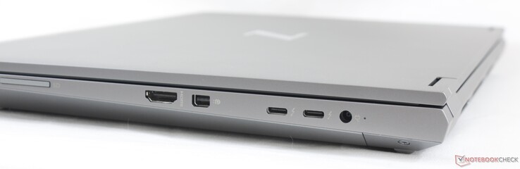 Rechts: SD-Kartenleser, HDMI 2.0b, Mini DisplayPort 1.4, 2x USB-C w/ Thunderbolt 3, Ladeanschluss