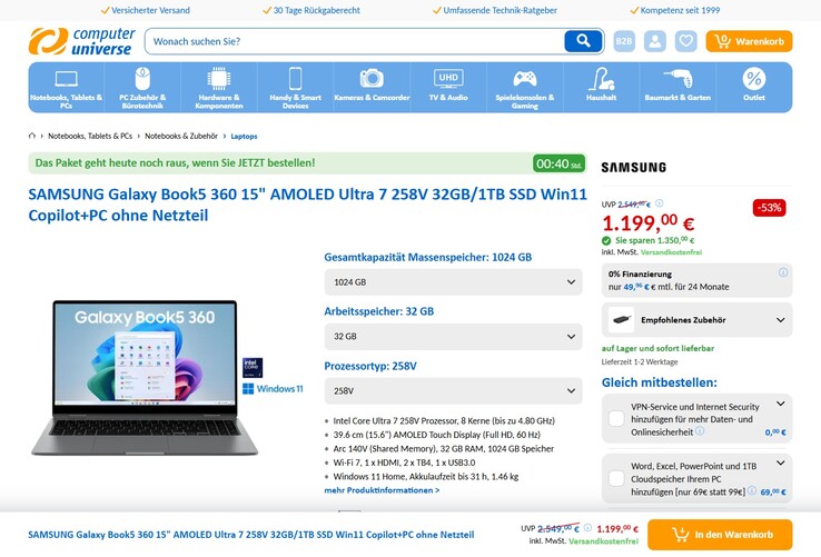 Samsung Galaxy Book5 360 (NP750QHA-KA8DE) für 1.199 Euro.