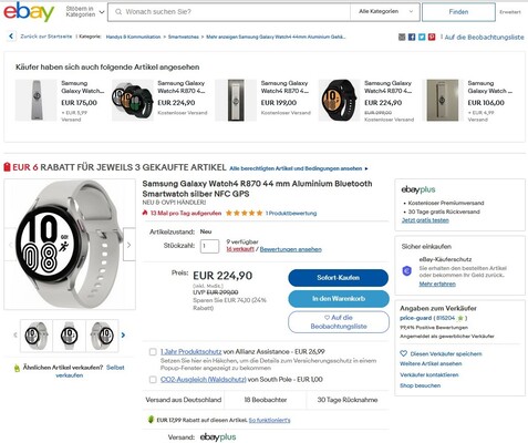 Top-Angebot für die Samsung Galaxy Watch4 44 mm: Für 207 Euro ist die sehr gut ausgestattete Samsung-Watch ein Schnapper.