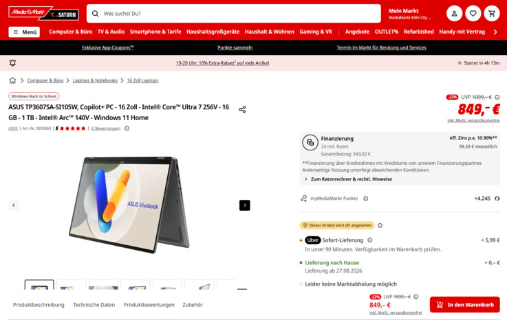 Asus VivoBook 16 Flip TP3607SA-SI105W für 849 Euro.