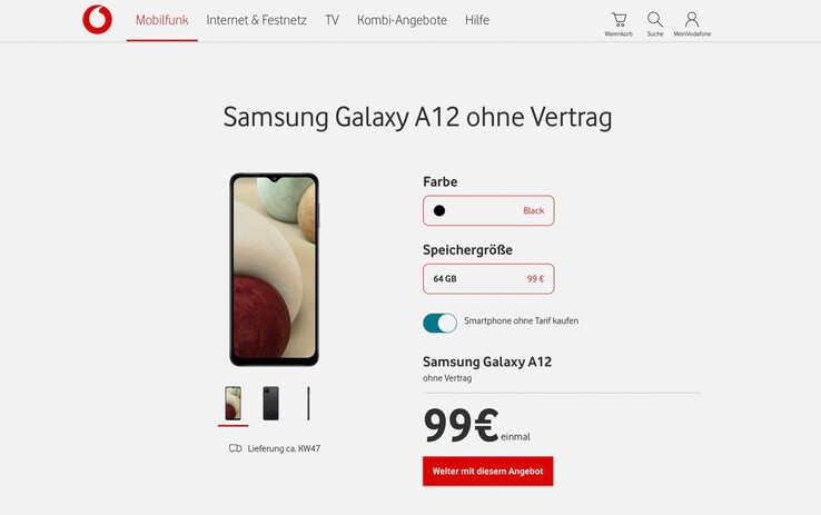 Das Samsung Galaxy A12 wird derzeit bei Vodafone günstiger denn je angeboten. (Screenshot: Vodafone)