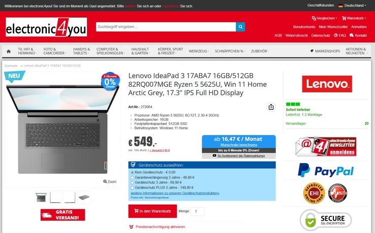 Lenovo IdeaPad 3 17ABA7 82RQ007MGE für 549 Euro.