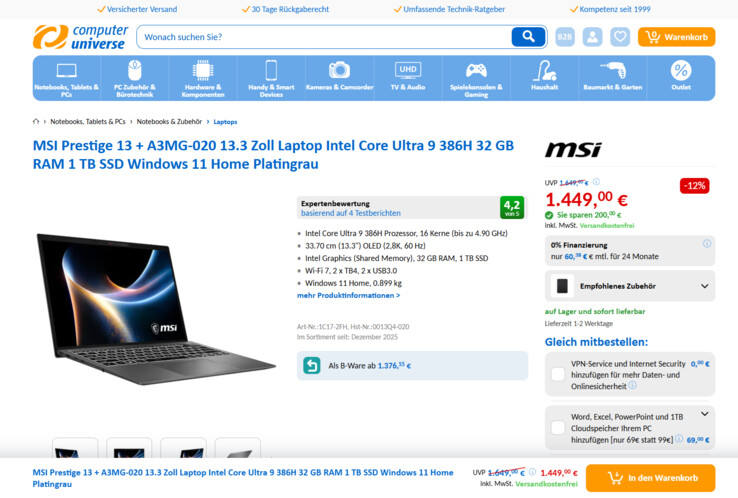 MSI Prestige 13 AI+ A3MG-020 für 1.449 Euro.