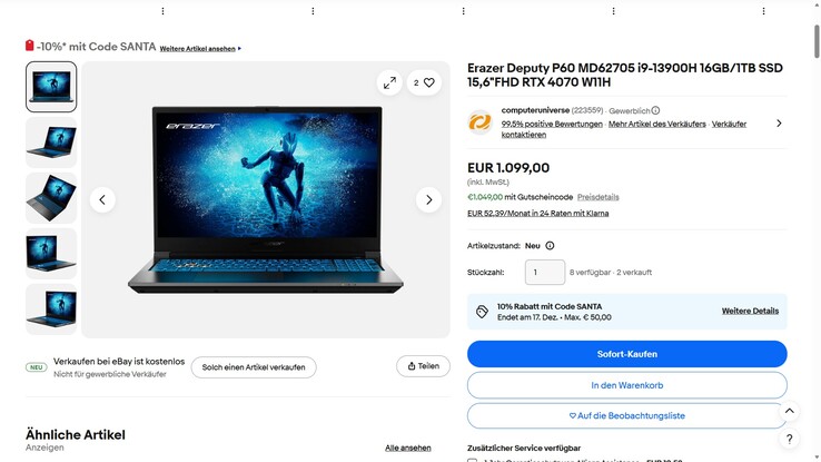 Das Medion Erazer Deputy P60 wäre dank eines eBay-Rabattcodes für 1.049 Euro zu haben.