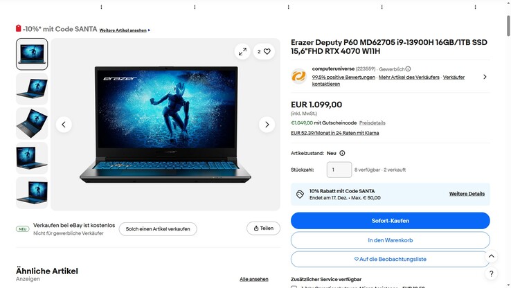 Das Medion Erazer Deputy P60 wäre dank eines eBay-Rabattcodes für 1.049 Euro zu haben.
