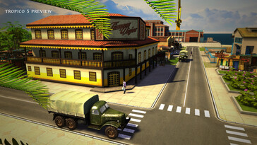 Ein Gebäude und Fahrzeug in Tropico 5.